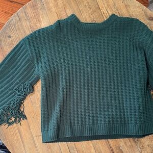 Chic Forest Green Sweater with Fringe Sleeves